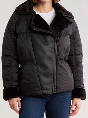 Hudson Mixed Media Fur Collar Quilted Bomber Jacket Black Faux Leather L NWT
